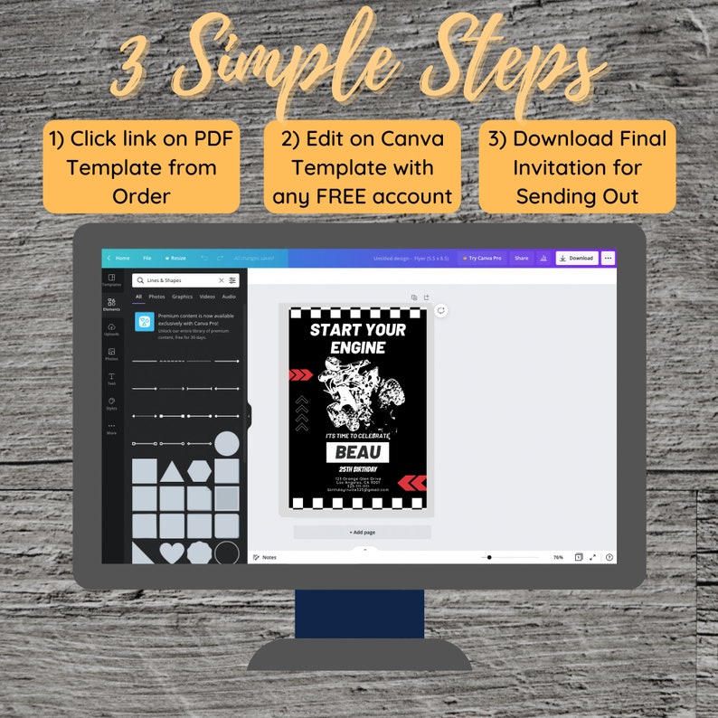 ATV Quad Theme Birthday Party Invitation, Racing Dune Buggy Dirt Bike Desert Dunes, Invite