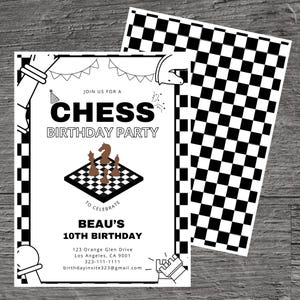 Chess for Beau Theme Birthday Party Invitation Template, Mind Games, Strategy, Castle, King, Pawn, Custom Editable 5 x 7&quot;, Canva Free Tool.