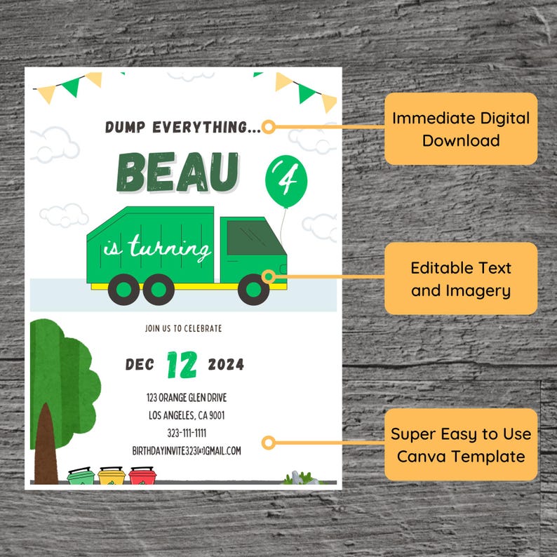 Garbage Truck for Beau Theme Birthday Party Invitation Template