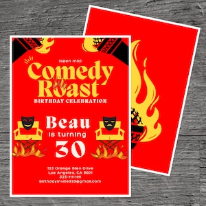 Modello di invito per festa di compleanno a tema Comedy Roast for Beau (Open Mic), intrattenimento alla griglia, 5 x 7" modificabile personalizzato, strumento gratuito Canva.