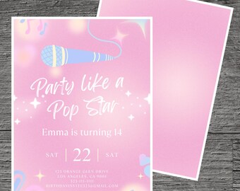 エマのテーマの誕生日パーティー招待状テンプレート、パステル ポップ スター、歌姫、ミュージシャン、主演、歌、カスタム編集可能 5 x 7 インチ、Canva 無料ツール。