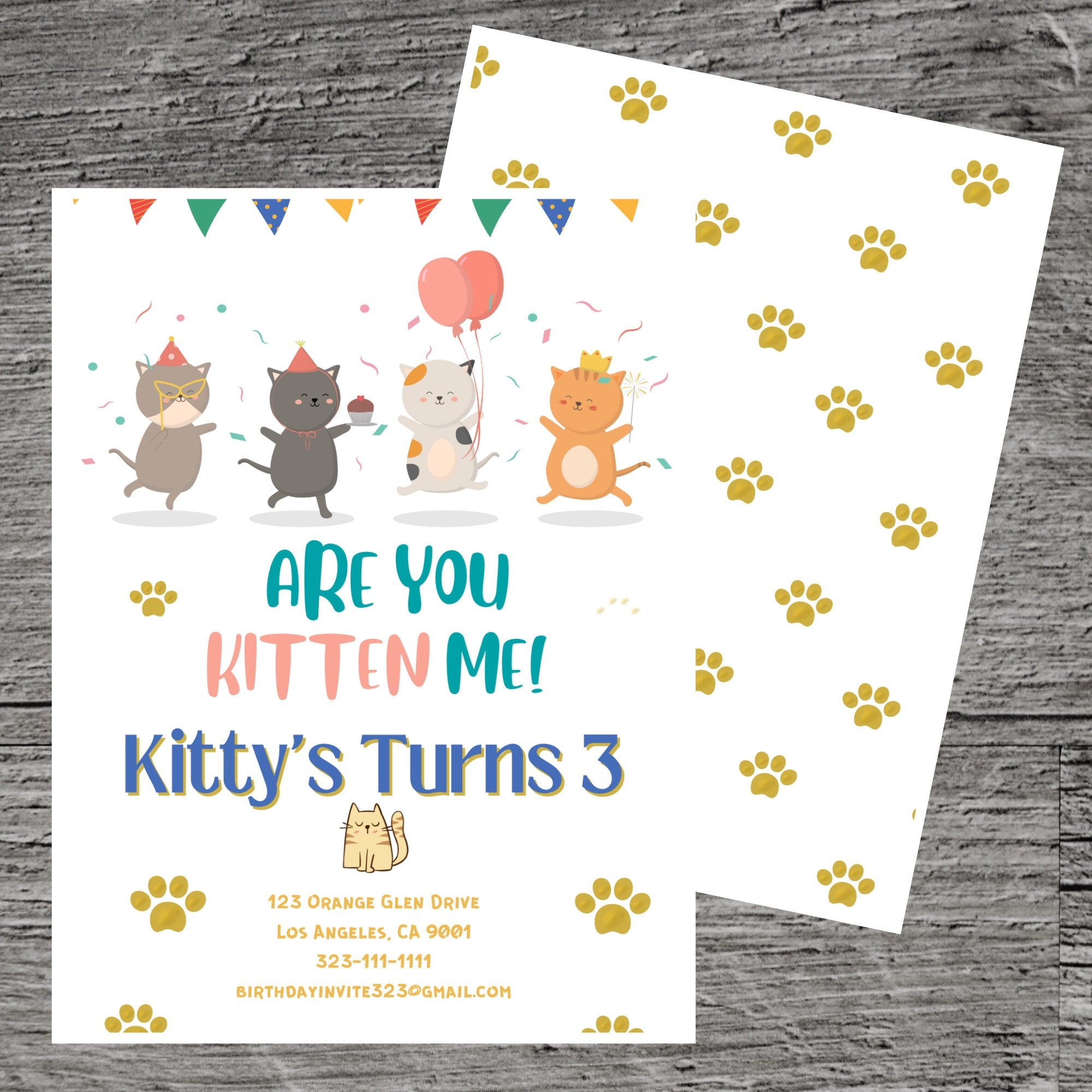 Kitty Theme Birthday Party Invitation, Cat Pet Meow, Are You Kitten Me ...