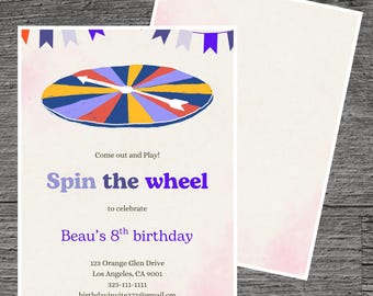 May include: Invitation card with a colorful spinning wheel design, text that reads "Spin the wheel" and "Beau's 8th birthday". Includes address and contact information. The card has a light pink and white background.