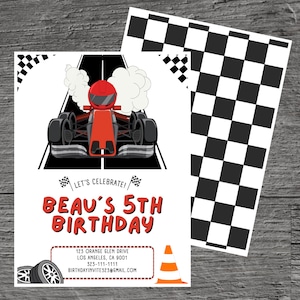 Szablon zaproszenia na przyjęcie urodzinowe Go Karts for Beau Theme, wózek wyścigowy, samochód typu coaster, miniaturowy samochód wyścigowy, możliwość edycji na zamówienie, 5 x 7 cali, bezpłatne narzędzie Canva.