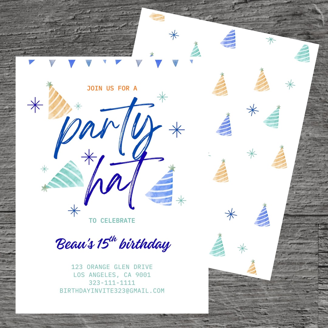 Party Hat for Beau Theme Birthday Party Invitation Template, Birthday ...