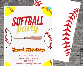 Softball for Emma Theme Birthday Party Invitation Template, Ball game, Team Sports, Field Party, Custom Editable 5 x 7", Canva Free Tool.