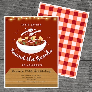 Mall för inbjudan till födelsedagsfest med temat Gumbo Night for Beau, Jambalaya, Roux, Smakrik gryta, Anpassad redigerbar 5 x 7", Canva Free Tool.