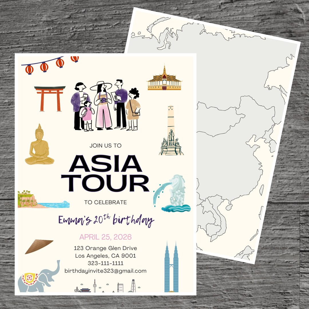 Asia Tour for Emma Theme Birthday Party Invitation Template, Travel ...