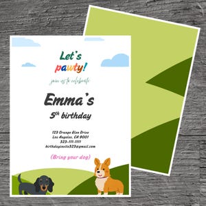 Dog Park for Emma (Bring your dog) Theme Birthday Party Invitation Template, Playground, Animals, Custom Editable 5 x 7&quot;, Canva Free Tool.