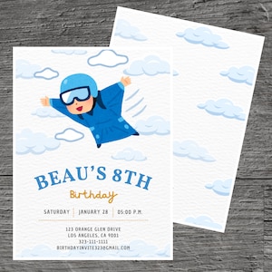 Skydiving for Beau Theme Birthday Party Invitation Template, Skyview Party, Soaring, Flying High, Custom Editable 5 x 7&quot;, Canva Free Tool.