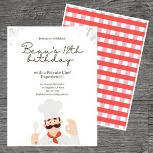 ボーのためのプライベートシェフテーマの誕生日パーティー招待状テンプレート、料理人、料理人、マスターシェフ、カスタム編集可能 5 x 7 インチ、Canva 無料ツール。