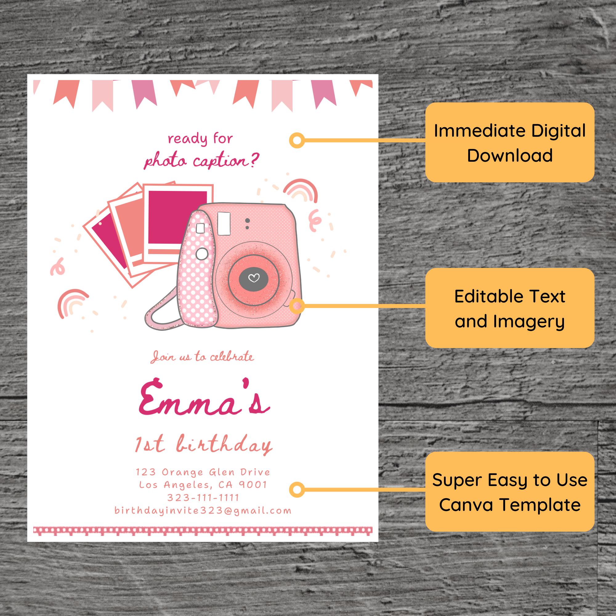 Custom Caption Card Photo Caption for Emma Theme Birthday Party Invitation Template ...