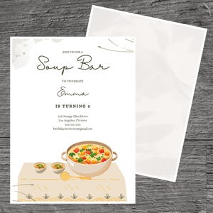 Soup Bar for Emma Theme Birthday Party Invitation Template, Potlucks, Soup Toppings, Comfort Food, Custom Editable 5 x 7&quot;, Canva Free Tool.