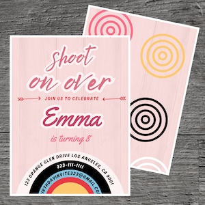 Archery for Emma Theme Birthday Party Invitation Template, Arrows, Archer Competition, Target Range Custom Editable 5 x 7", Canva Free Tool.