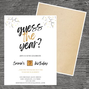 Könnte beinhalten: Weiße Einladungskarte mit dem Text "guess the year?" in schwarzer und goldener Schrift. Die Einladung enthält den Text "Emma's birthday" und Veranstaltungsdetails. Gold- und silberfarbene Konfetti-Akzente befinden sich oben.