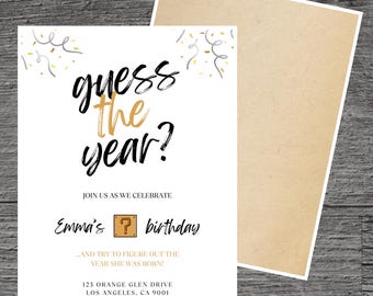 Guess the Year for Beau Theme Birthday Party Invitation Template, Estimating, Guessing Game, Hint, Custom Editable 5 x 7", Canva Free Tool.