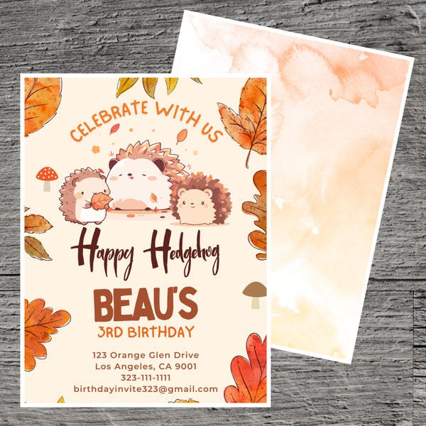 Happy Hedgehog for Beau Theme Birthday Party Invitation Template, Porcupines, Urchins, Furze-pigs, Custom Editable 5 x 7", Canva Free Tool