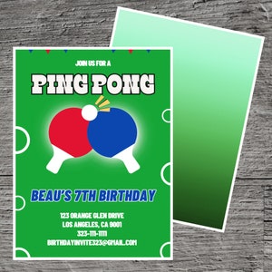 Ping Pong für Beau Theme Geburtstagsfeier-Einladung Vorlage, Tischtennis-Party, Tischspiel-Player, Individuell bearbeitbar 5 x 7 ", Canva Free Tool.