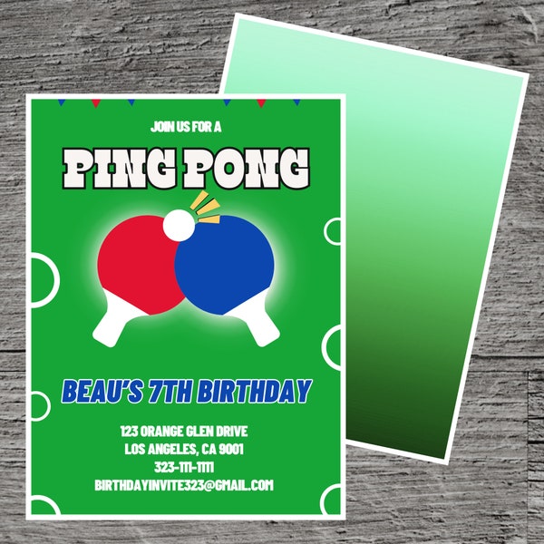 Ping Pong for Beau Theme Birthday Party Invitation Template, Table tennis Party, Table game Player, Custom Editable 5 x 7", Canva Free Tool.