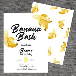 Banana Bash for Beau Theme Birthday Party Invitation Template, Fruit, Yellow Skinned, Senorita, Custom Editable 5 x 7&quot;, Canva Free Tool.