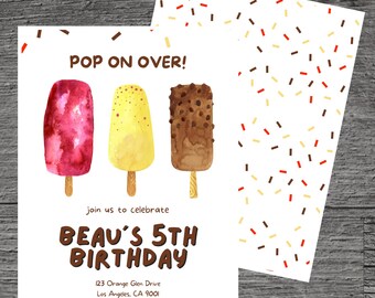 Mall för inbjudan till födelsedagsfest med isglass och sommartema, glass, poppglass, Freezie, anpassad redigerbar 5 x 7", Canva gratis verktyg.