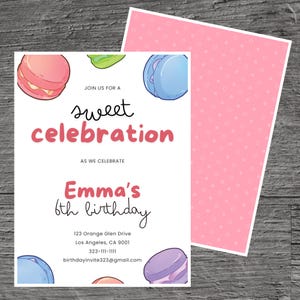 Macaron Madness for Emma Theme Birthday Party Invitation Template, Meringue, Fillings, Colorant, Custom Editable 5 x 7&quot;, Canva Free Tool.