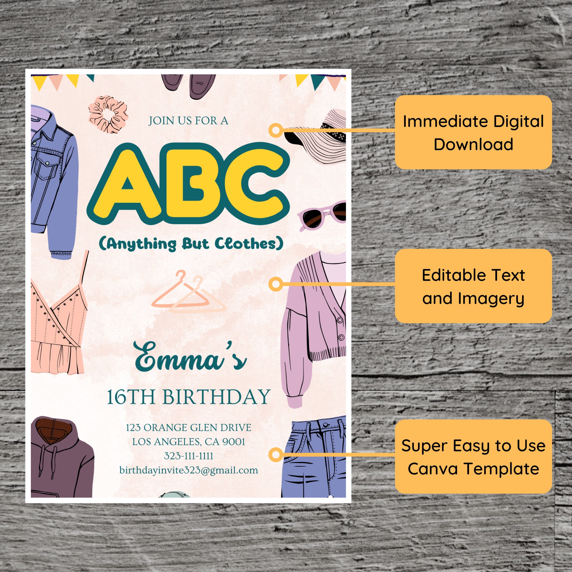 ABC (anything but Clothes) for Emma Theme Birthday Party Invitation ...