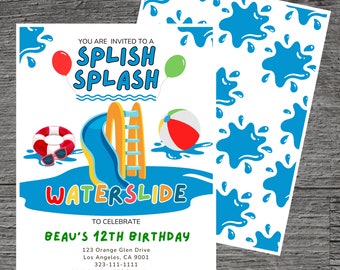 Könnte beinhalten: Eine Geburtstagseinladung mit Wasserrutschen-Motiv. Die Einladung zeigt eine blaue Wasserrutsche, einen Strandball, eine Schwimmweste und den Text "SPLISH SPLASH WATERSLIDE". Die Einladung ist für Beaus 12. Geburtstag.