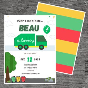 Garbage Truck for Beau Theme Birthday Party Invitation Template, Garbage Collector, Green Machine, Custom Editable 5 x 7&quot;, Canva Free Tool.