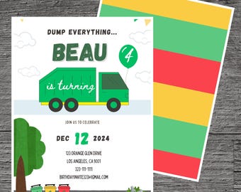 Garbage Truck for Beau Theme Birthday Party Invitation Template, Garbage Collector, Green Machine, Custom Editable 5 x 7", Canva Free Tool.