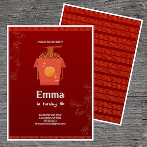 Szablon zaproszenia na przyjęcie urodzinowe z motywem chińskiego jedzenia na wynos dla Emmy, do zabrania do domu, na wynos, jedzenie, możliwość edycji niestandardowej, 5 x 7 cali, bezpłatne narzędzie Canva.
