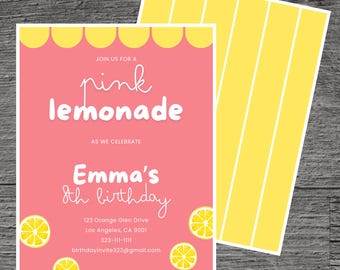 Modèle d'invitation à une fête d'anniversaire sur le thème de limonade rose pour Emma, sodas, jus de citron, boisson, modifiable personnalisé 5 x 7 po. Outil gratuit.