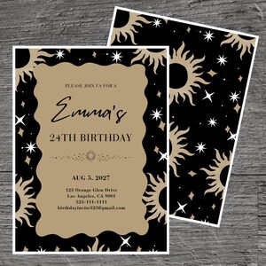 May include: Two-piece birthday invitation set. The main invitation features a tan background with the text "Emma's 24th Birthday" and event details. The design includes sun and star motifs on a black background. The second piece has a repeating sun and star pattern.