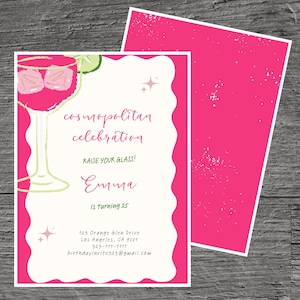 Cosmopolitan Drink for Emma  Theme Birthday Party Invitation Template, Cosmo Cocktail, Raspberry, Custom Editable 5 x 7&quot;, Canva Free Tool.
