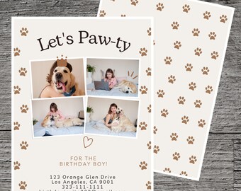 Dog Puppy Birthday Party Invitation, Paw-ty Add Your Own Photos Cute Pet Celebration, Invite Printable Custom, Celebrate Gathering Fun Event