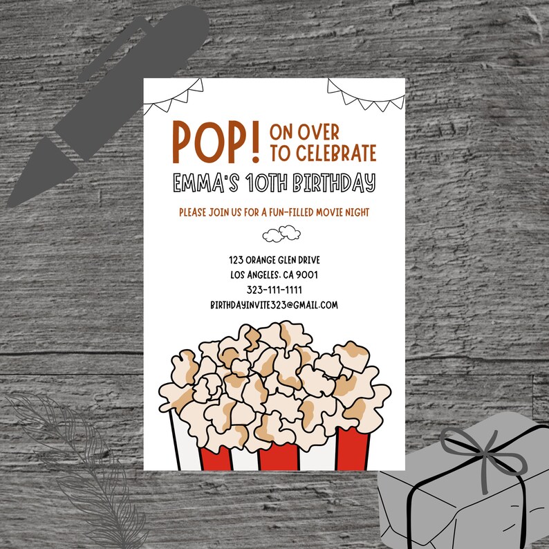 Popcorn Bar for Emma Theme Birthday Party Invitation Template, Popcorn ...