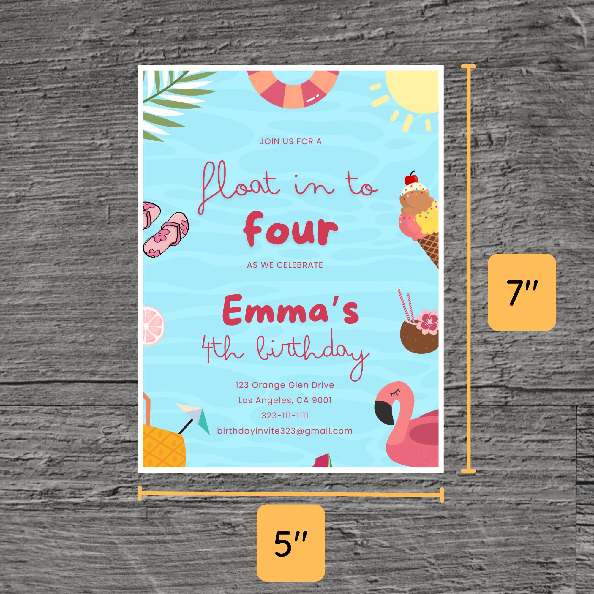 Floating Invite Pool Floatie Party for Emma Theme Birthday Party Invitation Template ...