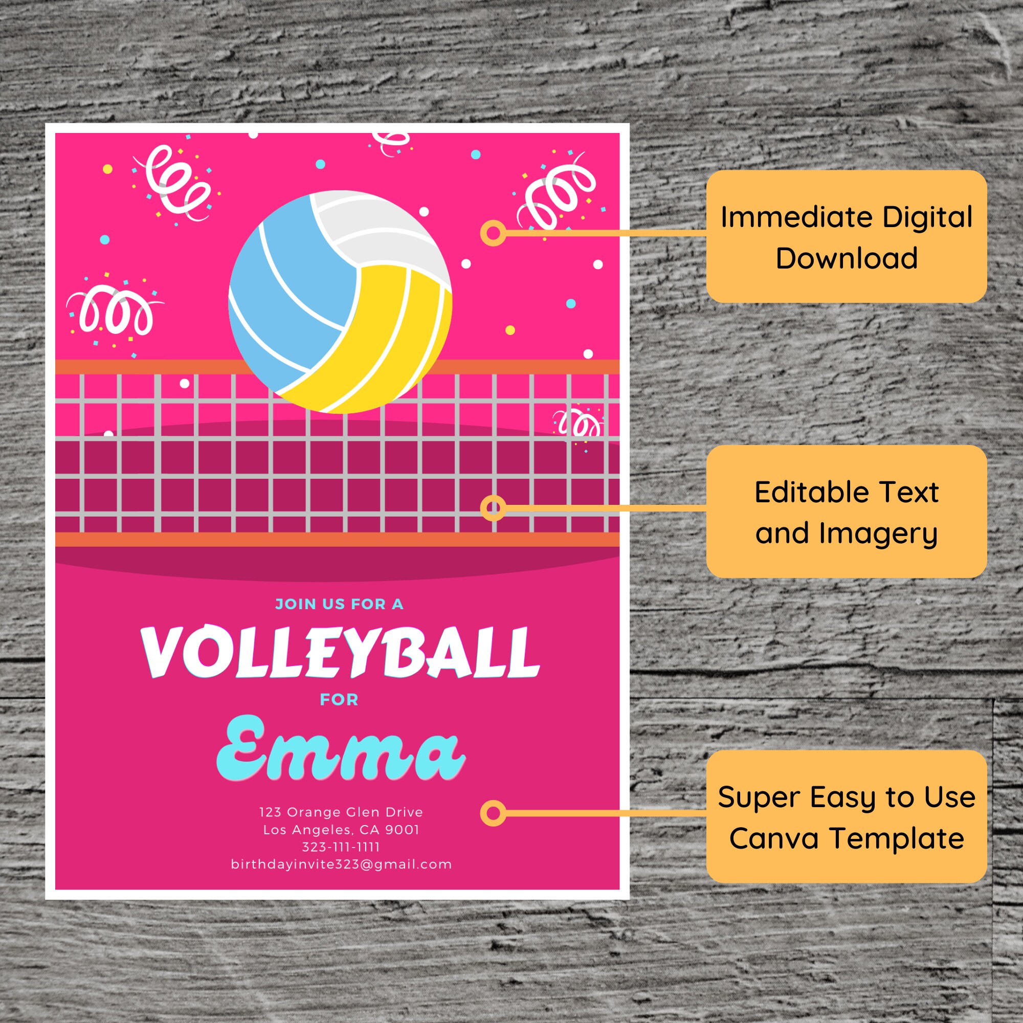 Volleyball Theme Birthday Party Invitation Template, Beach Indoor Court ...