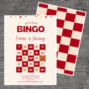 May include: A red and white checkered background with a white card on top. The card has a bingo card with numbers and the text "Let's Play Bingo Emma is turning".