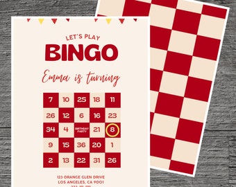 May include: A red and white checkered background with a white card on top. The card has a bingo card with numbers and the text "Let's Play Bingo Emma is turning".