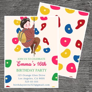 May include: A birthday party invitation with a cartoon illustration of a person rock climbing. The invitation is for Emma's 16th birthday party. The text on the invitation reads "Join us to celebrate Emma's 16th Birthday Party", "123 Orange Glen Drive", "Los Angeles, CA 9001", "323-111-1111", and "birthdayinvite323@gmail.com".