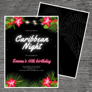 Caribbean Night for Emma Theme Birthday Party Invitation Template, Caribbean Islands, Curacao, Custom Editable 5 x 7&quot;, Canva Free Tool.