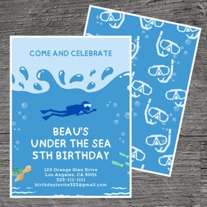 Snorkeling for Beau Theme Birthday Party Invitation Template, Diving Party, Water adventure, Custom Editable 5 x 7&quot;, Canva Free Online Tool.