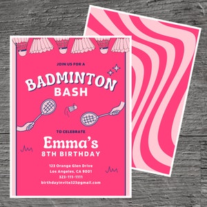 Badminton for Emma Theme Birthday Party Invitation Template, Court game, Badminton Strokes, Ace, Custom Editable 5 x 7", Canva Online Tool.