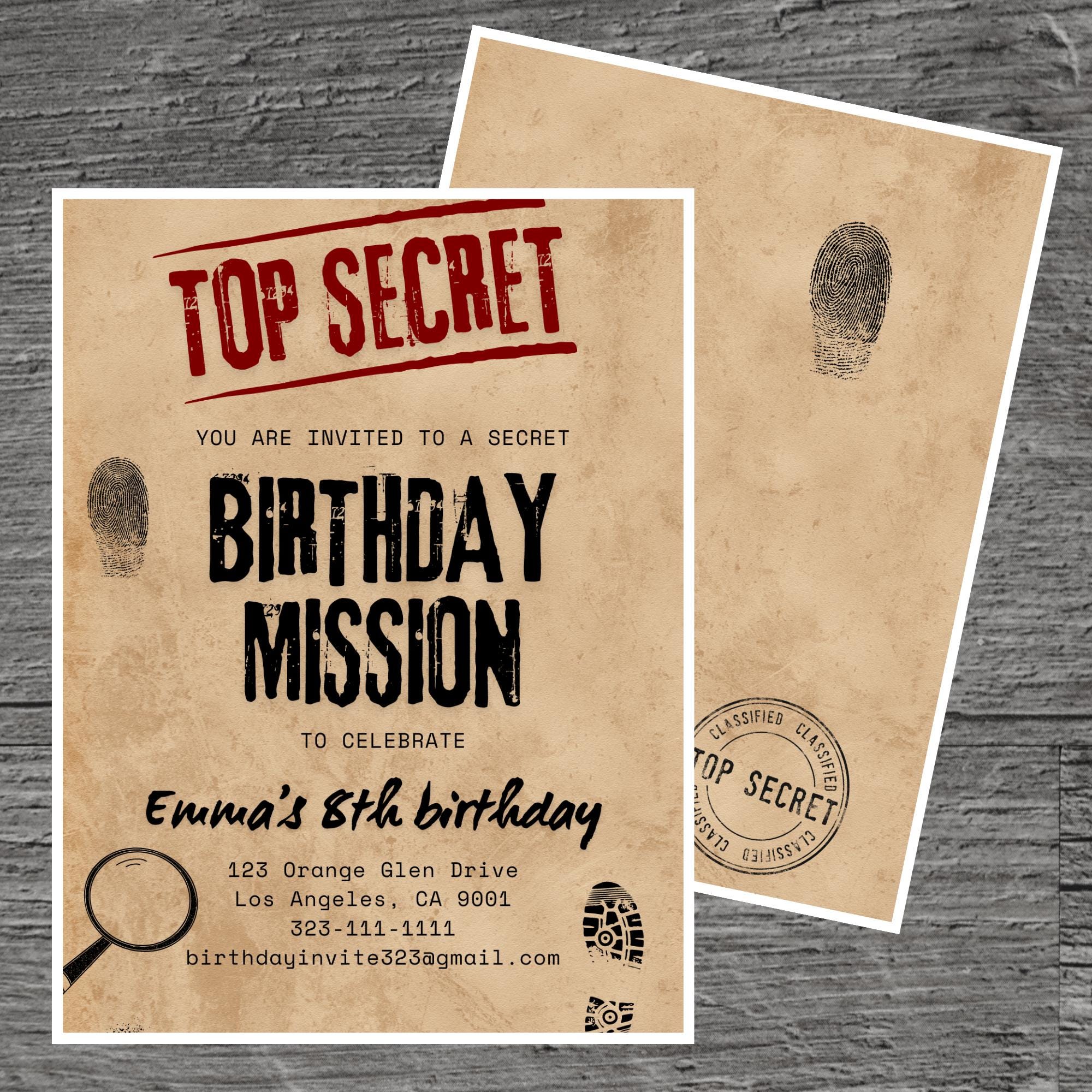 Spy Mission for Emma Theme Birthday Party Invitation Template, Secret Agent, Scout, Informer, Mole, Custom Editable 5 x 7", Canva Free Tool.