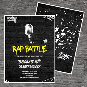 May include: Black and white Rap Battle invitation with a brick wall background. The invitation features a microphone graphic and the text "Rap Battle" in yellow. It also includes party details and Beau's 16th birthday information.