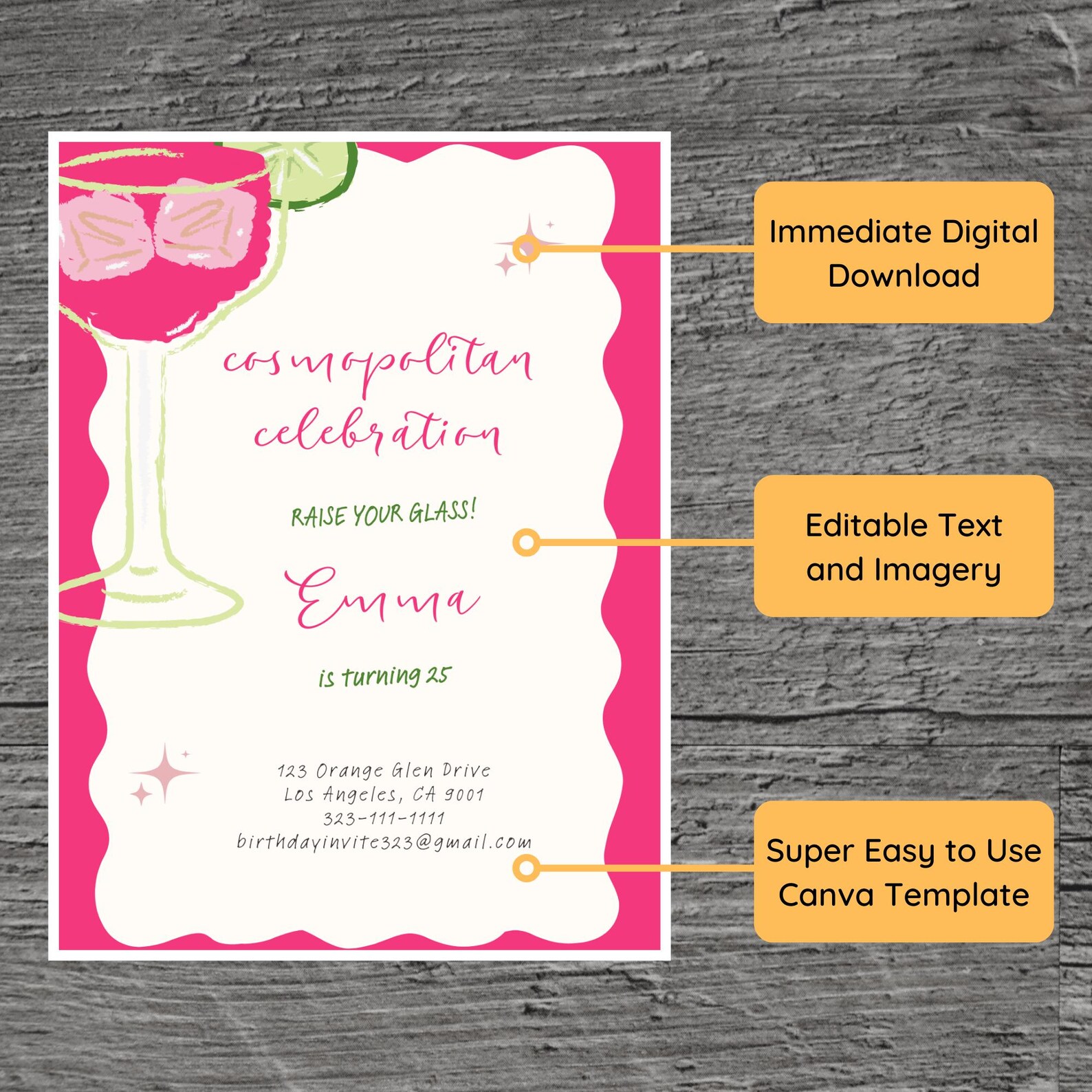 Cosmopolitan Drink for Emma Theme Birthday Party Invitation Template ...