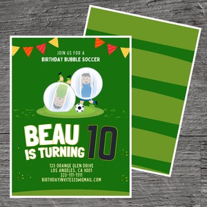 Modèle d'invitation de fête d'anniversaire Bubble Soccer for Beau, costumes zorb gonflables, rebondissants, modifiable personnalisé 5 x 7 po. Outil gratuit.