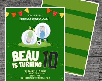 Bubble Soccer for Beau Theme Birthday Party Invitation Template, Inflatable Zorb Suits, Bouncing, Custom Editable 5 x 7&quot;, Canva Free Tool.