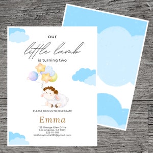 Little Lamb for Emma Theme Birthday Party Invitation Template, Lamb Party, Sheep, Cotton like fur , Custom Editable 5 x 7&quot;, Canva Free Tool